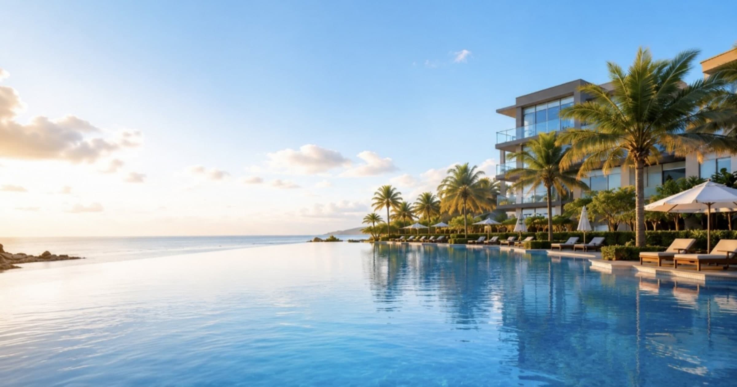 Resort pool overlooking the sea at sunset